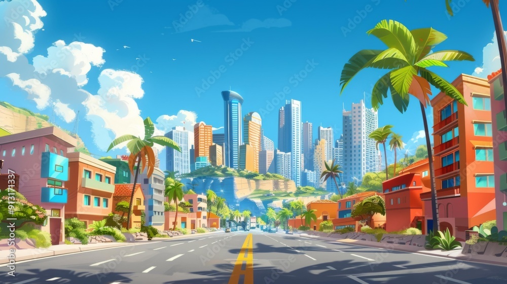 A cartoon city street with palm trees and buildings. AI. A cartoon city street with palm trees and buildings. AI.