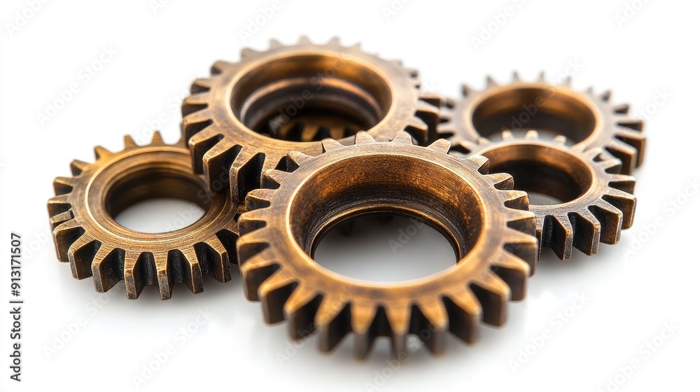 Group of metallic gears interlocking representing teamwork