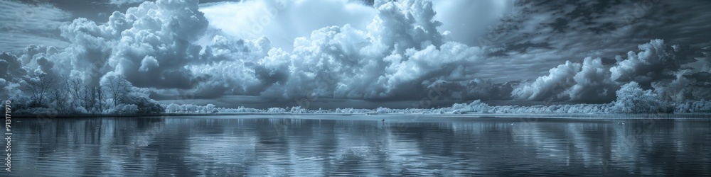 Infrared photograph of a lagoon with ominous dark clouds on the horizon Infrared photograph of a lagoon with ominous dark clouds on the horizon