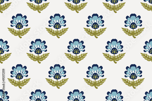 Floral ethnic ikat seamless pattern traditional design for background, carpet, wallpaper, clothing, wrapping, fabric, vector illustration, embroidery style, Ajrakh, block print, batik print allovers
