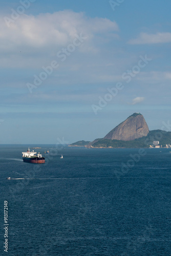 Cargo Ship in front od Sugar Loaf Mountain in Rio de Janeiro Guanabara Bay Brazil