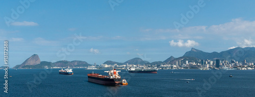 Cargo Ships in Guanabara Bay in Rio de Janeiro Skyline - Christ the Redeemer Statue in the background