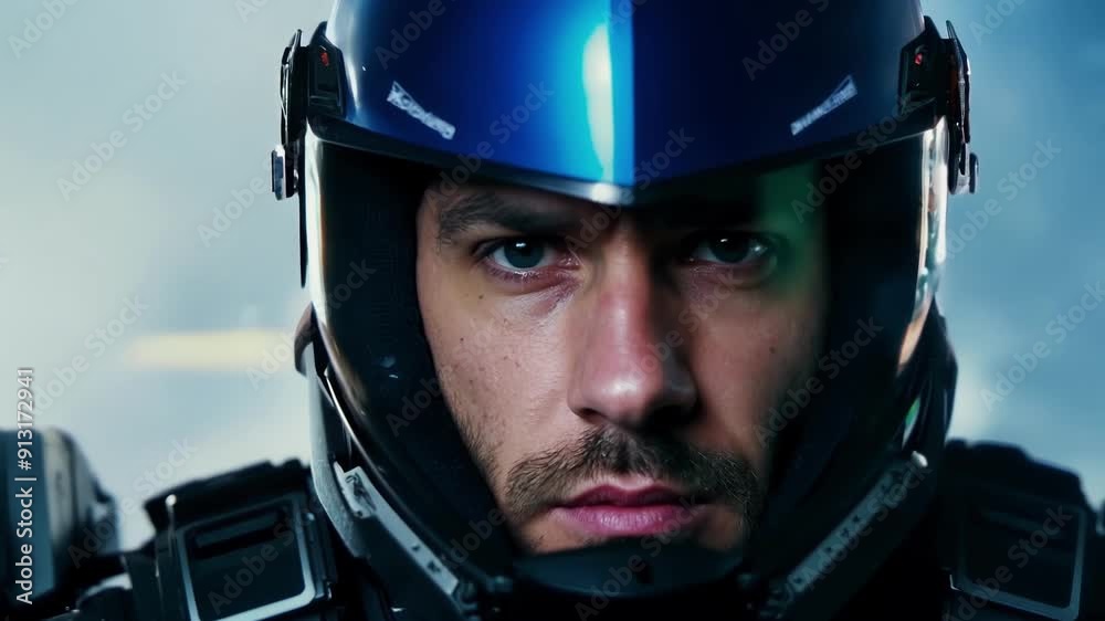 In the midst of battle a Space Rangers face is set in a determined and focused expression. In the midst of battle a Space Rangers face is set in a determined and focused expression.