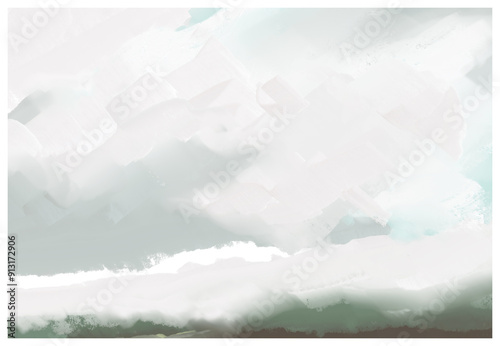 Impressionistic Seascape Landscape of Misty or Foggy Morning Clouds Over Distant Mountaintops Near Lake Digital Painting, Art, Illustration, Artwork, Design in green, aqua, & gray w/Light green Glow