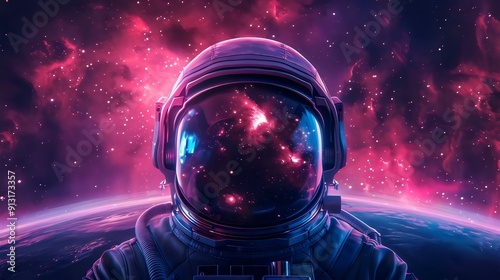 A space suit astronaut is standing on a planet with a purple sky