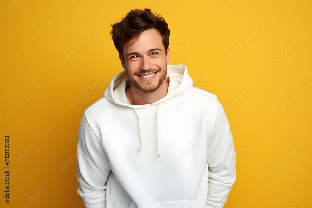 man wearing hoodie smiling looking at the camera over yellow background man wearing hoodie smiling looking at the camera over yellow background