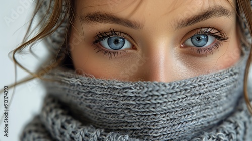 Young Woman With Striking Blue Eyes Wearing a Warm Scarf in Winter Light