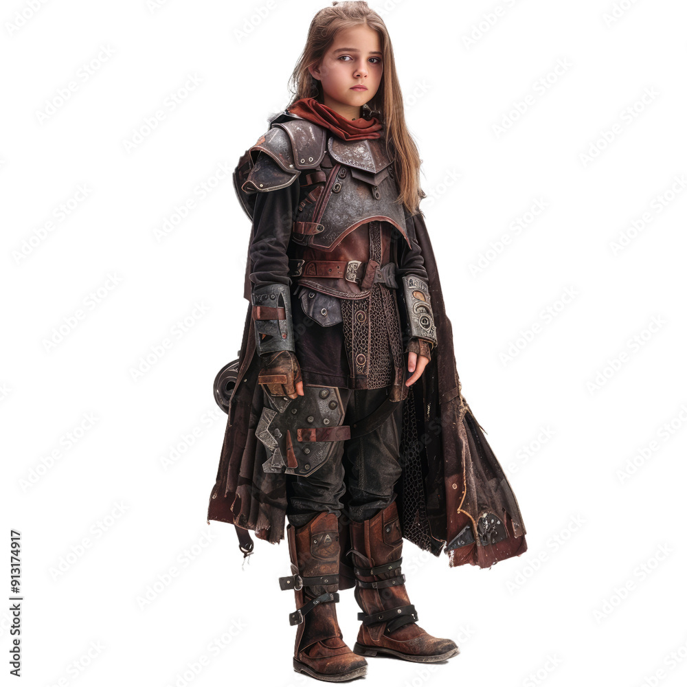 Stern looking young fantasy warrior girl standing still, wearing armor and holding a sword and shield Stern looking young fantasy warrior girl standing still, wearing armor and holding a sword and shield