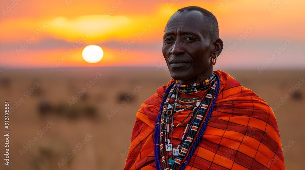 A man wearing a colorful robe stands in a field with the sun setting behind him A man wearing a colorful robe stands in a field with the sun setting behind him