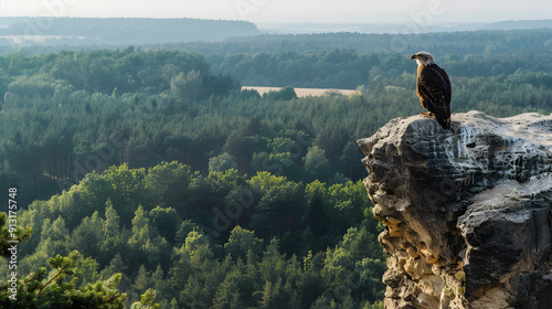 A majestic eagle perched on a high rock overlooking a dense forest with the horizon in the background. photo