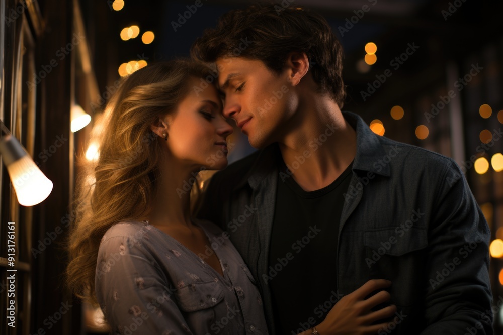 Young girlfriend kissing boyfriend on bed. in the bedroom, generative IA Young girlfriend kissing boyfriend on bed. in the bedroom, generative IA