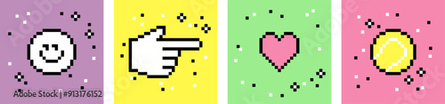 Love tennis card set in pixel art 8 bit design. Tennis ball, heart, smile face. Hand click cursor. Pixels Y2k trendy playful sticker. Mood of 90's aesthetics. Simple geometric form. Funny colored
