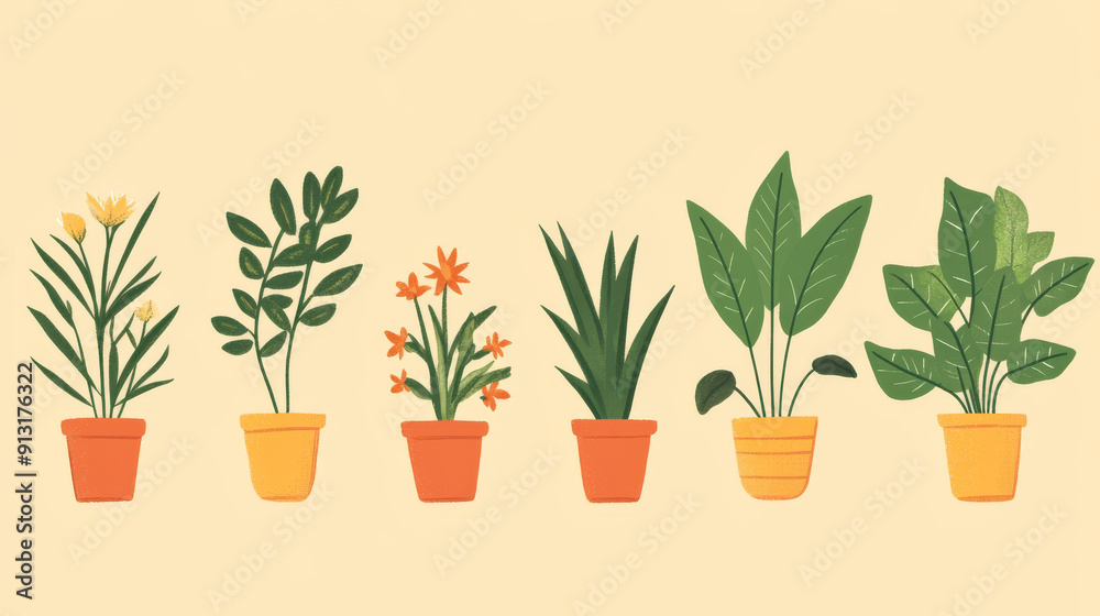 Fototapeta premium Assortment of simple, indoor plants. Illustration that can be used for design.