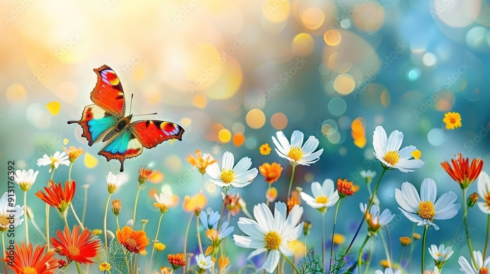 A butterfly flying over daisies and wildflowers with a blue sky A butterfly flying over daisies and wildflowers with a blue sky