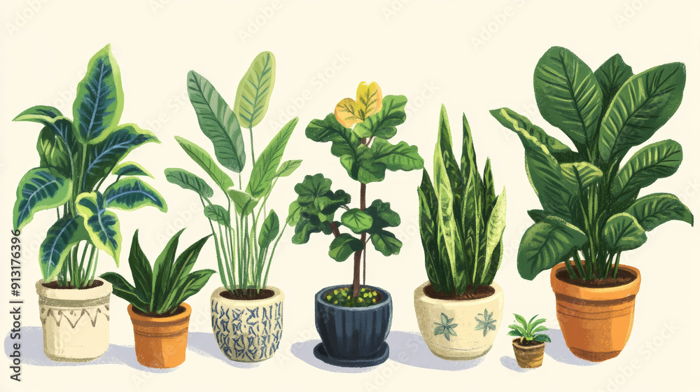 Fototapeta premium Assortment of simple, indoor plants. Illustration that can be used for design.