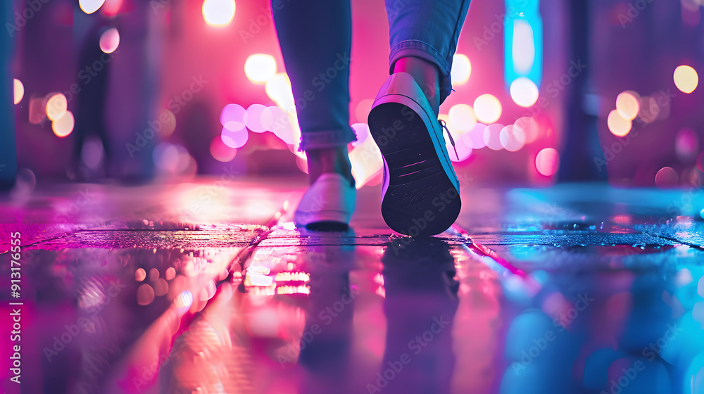 Fototapeta premium Close-up of barefoot woman walking on warm city pavement. Urban street background. Neon night lights. 