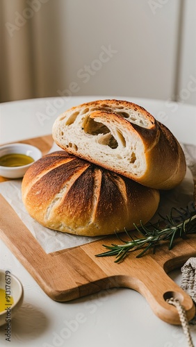 Two loaves of bread are on a wooden cutting board
