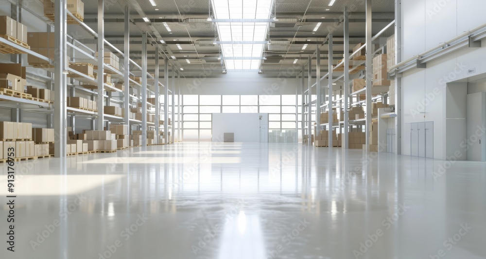 A spacious, empty warehouse with high shelves and a pristine white concrete floor, captured in a detailed 3D render, showcasing industrial storage solutions A spacious, empty warehouse with high shelves and a pristine white concrete floor, captured in a detailed 3D render, showcasing industrial storage solutions