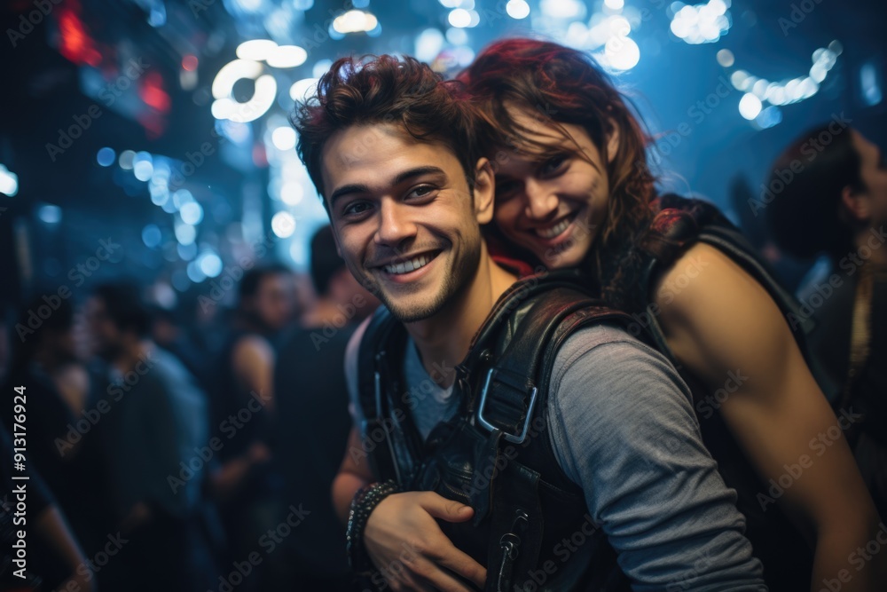Young women hugging and dancing as they participated in a nightclub party in a nig, generative IA Young women hugging and dancing as they participated in a nightclub party in a nig, generative IA