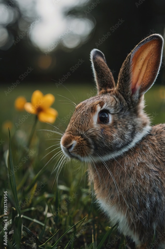Fototapeta premium A rabbit is standing in a field of grass and flowers