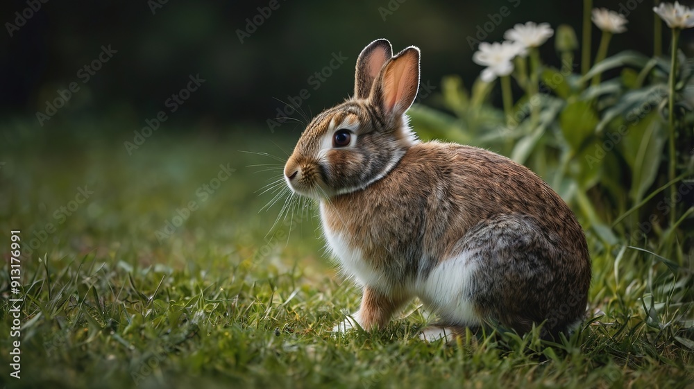 Fototapeta premium A brown and white rabbit is sitting in the grass