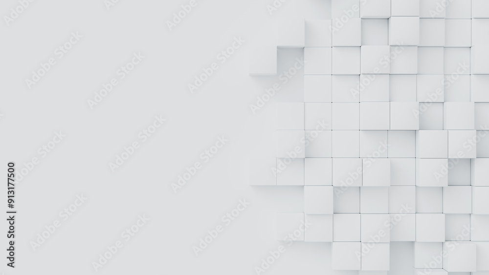 White cubes with random size on white backdrop. A place for text on the left. Abstract 3d render illustration geometrical concept background. White cubes with random size on white backdrop. A place for text on the left. Abstract 3d render illustration geometrical concept background.