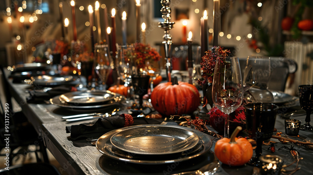 A beautifully set dining table adorned with a Halloween-themed centerpiece. The table is decorated with small pumpkins, gourds, and seasonal foliage. Tall, lit candles in elegant candle holders are pl A beautifully set dining table adorned with a Halloween-themed centerpiece. The table is decorated with small pumpkins, gourds, and seasonal foliage. Tall, lit candles in elegant candle holders are pl