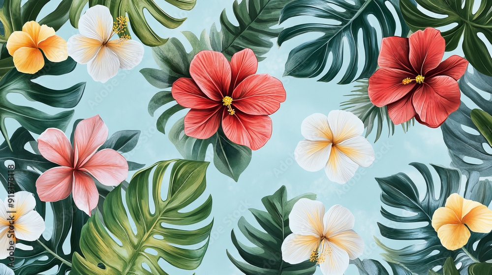 Obraz premium Tropical leaves and flowers in a repeating pattern on a light blue background.