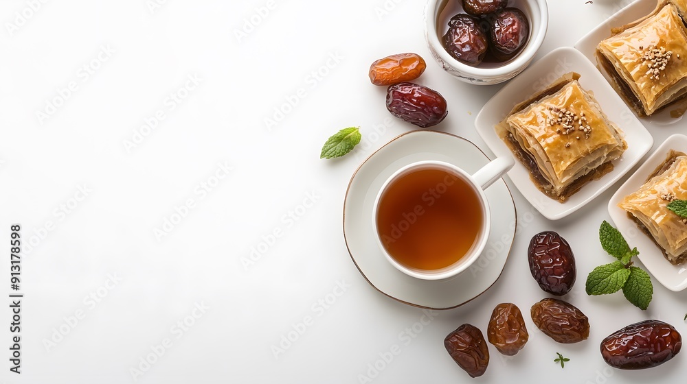 A realistic top view of a Middle Eastern dessert plate featuring baklava, dates, and a cup of mint tea, arranged on a clean white background A realistic top view of a Middle Eastern dessert plate featuring baklava, dates, and a cup of mint tea, arranged on a clean white background