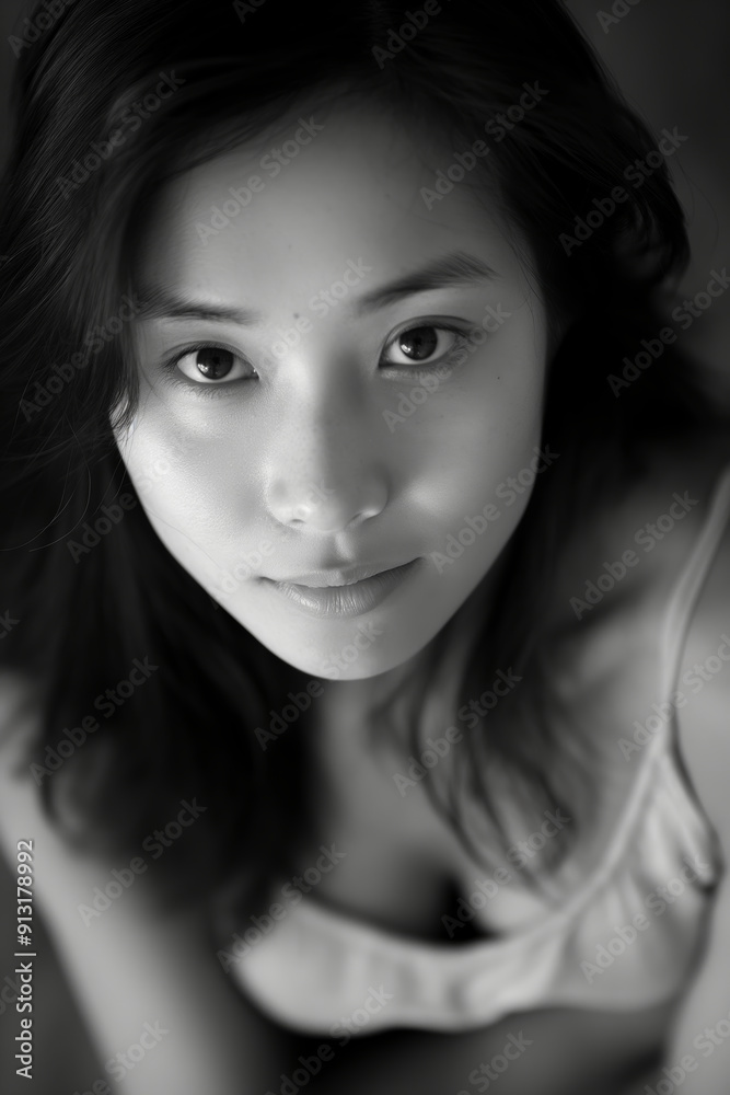 A black and white close-up portrait of a woman with an expression of calmness, capturing timeless beauty and grace. A black and white close-up portrait of a woman with an expression of calmness, capturing timeless beauty and grace.