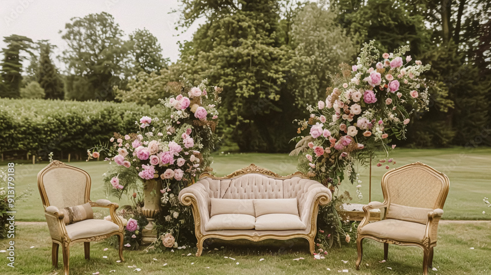 Obraz premium Wedding decoration with peonies, floral decor and event celebration, peony flowers and wedding ceremony in the garden, English country style