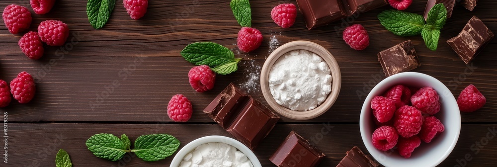 An arrangement of chocolate chunks, fresh raspberries, mint leaves, and powdered sugar on a wooden surface, creating a sweet temptation. An arrangement of chocolate chunks, fresh raspberries, mint leaves, and powdered sugar on a wooden surface, creating a sweet temptation.