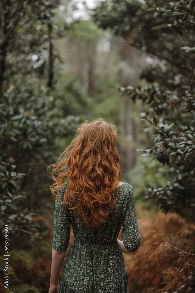 A woman with red hair wearing a green dress is standing with her back to the camera in a lush forest. A woman with red hair wearing a green dress is standing with her back to the camera in a lush forest.