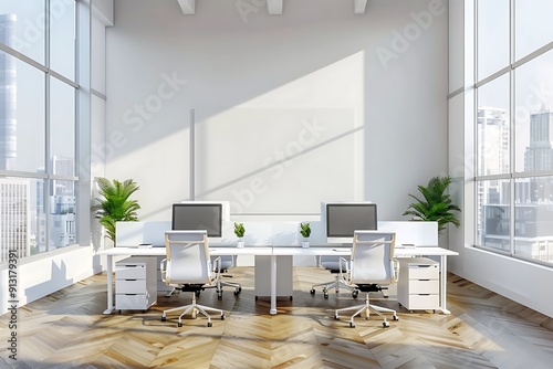 Modern empty blank interior office room for work, Mockup Frame-Minimalistic concrete coworking office