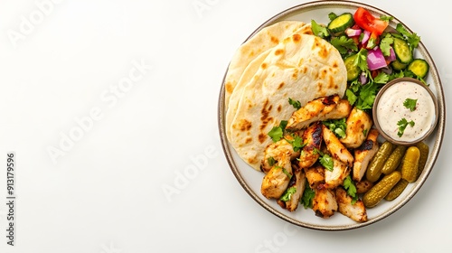 A realistic top view of a plate of chicken shawarma with garlic sauce, pickled vegetables, and a side of flatbread, arranged on a clean white background