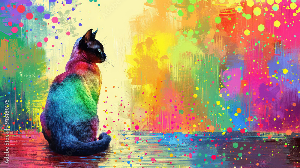   A cat sits on a ground, against a vibrant backdrop and with droplets falling