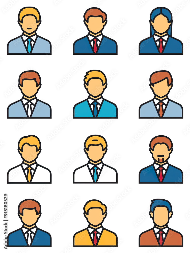 Twelve Diverse Professional Avatar Icons in Suits and Ties, generative ai image Twelve Diverse Professional Avatar Icons in Suits and Ties, generative ai image