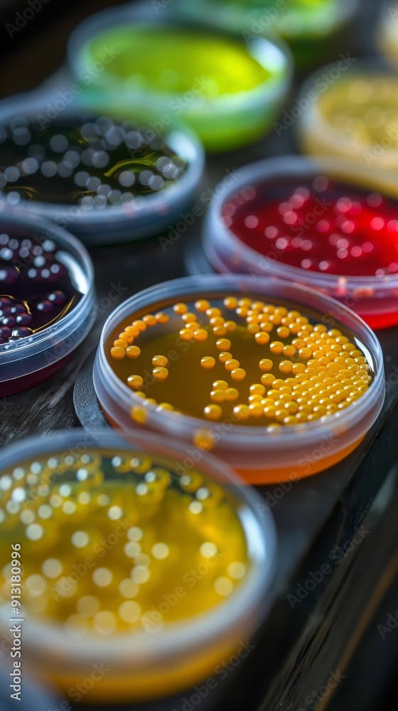 A close-up view of petri dishes filled with colorful microbial cultures in a laboratory setting A close-up view of petri dishes filled with colorful microbial cultures in a laboratory setting