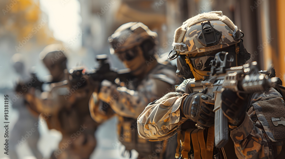 A modern military squad during a tactical operation in an urban environment. A modern military squad during a tactical operation in an urban environment.