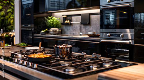 A modern kitchen with advanced cooking appliances and automation. photo