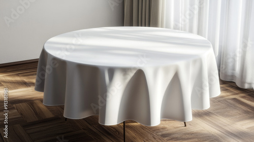 Round tablecloth on a wooden table. There's room for your design.