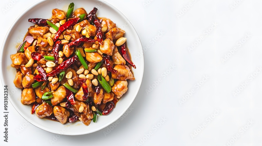 A realistic top view of a plate of Kung Pao chicken with peanuts, dried chili peppers, and scallions, set against a white background, chinese food A realistic top view of a plate of Kung Pao chicken with peanuts, dried chili peppers, and scallions, set against a white background, chinese food