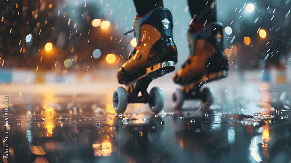 Closeup of roller skate wheels on a smooth indoor rink with rain pouring down in the background Closeup of roller skate wheels on a smooth indoor rink with rain pouring down in the background