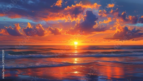 A romantic ocean sunset scene, with red sky intertwined with dark blue clouds.