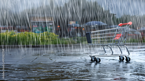 Closeup of shopping cart wheels on a supermarket floor with rain pouring down in the background 