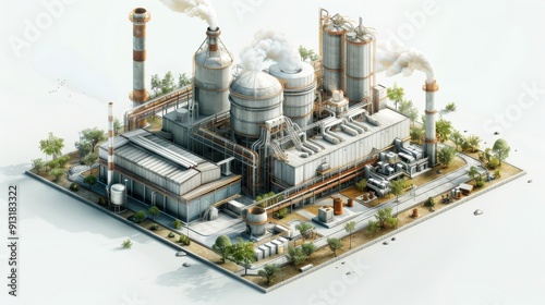 Industrial Plant Surrounded by Trees and Smokestacks