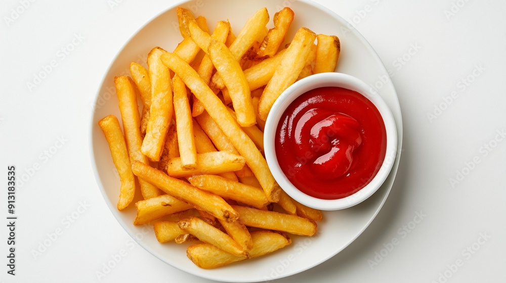 A plate with fries and ketchup against a white background, emphasizing the classic combination of crispy fries and savory dipping sauce. A plate with fries and ketchup against a white background, emphasizing the classic combination of crispy fries and savory dipping sauce.