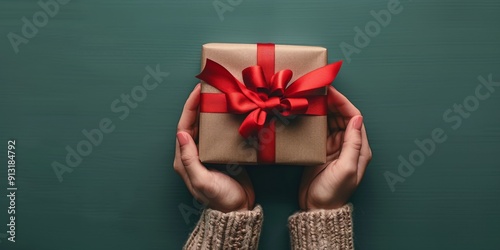 Person Holding Present Box With Red Bow