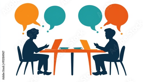 Flat modern illustration of two people conversing over the phone, one holding out an application form and the other with a laptop and speech bubbles over them (Stock Illustration)