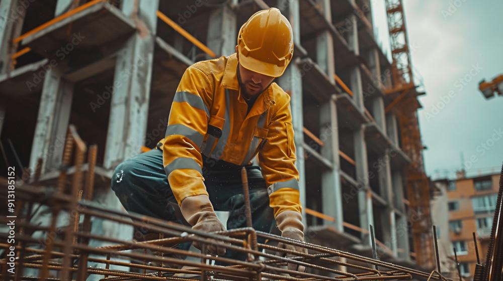 professional worker binding steel rods in construction site professional worker binding steel rods in construction site